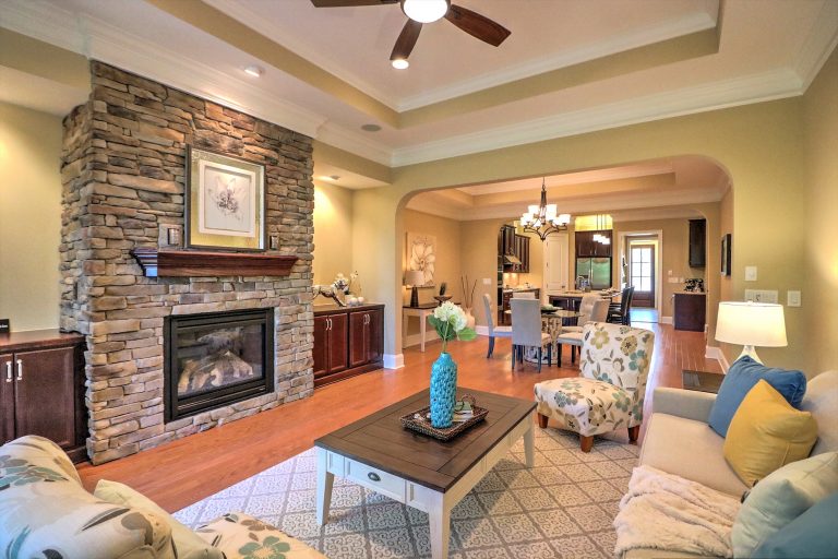 3832 Cottage Rose Raleigh NC 27612 Living Room w-stacked stone Fireplace