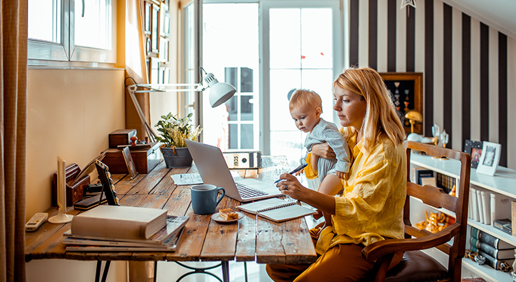 Young mother working from home