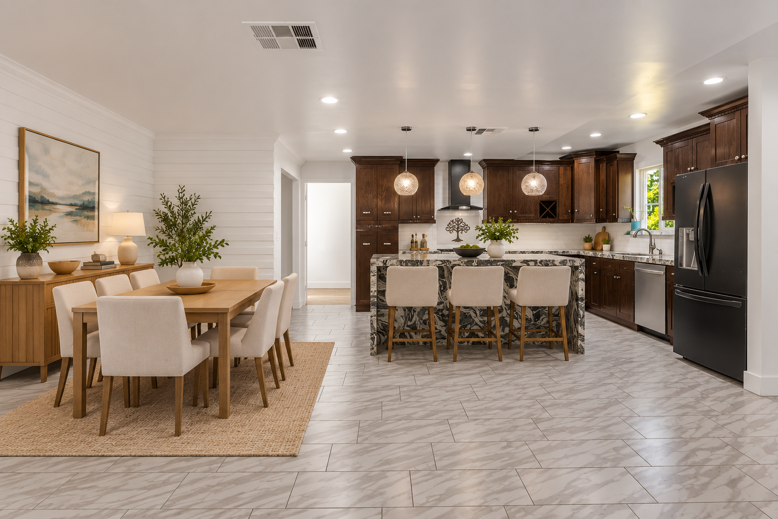 Warm Transitional Kitchen and Dining Interior